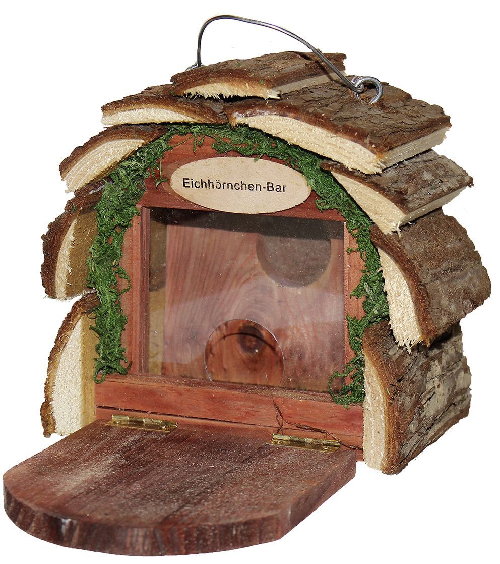 Eichhörnchen-Futterhaus, Holz, mit Rindendach Eichhörnchen-Futterhaus, Holz, mit Rindendach