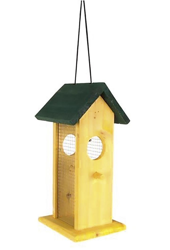 Vogelfutterhaus, gelb mit grünem Dach Vogelfutterhaus, gelb mit grünem Dach
